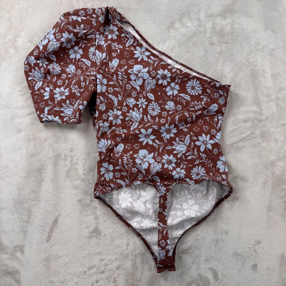 Intimately Free People Java Cameo One Shoulder Floral Bodysuit Cocoa Mar Small